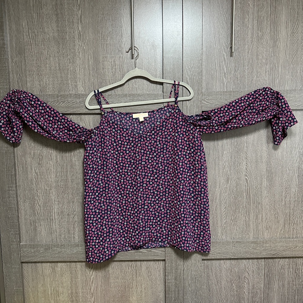 Michael Kors Navy Flower Print Long Sleeved Off Shoulder Blouse Size L
